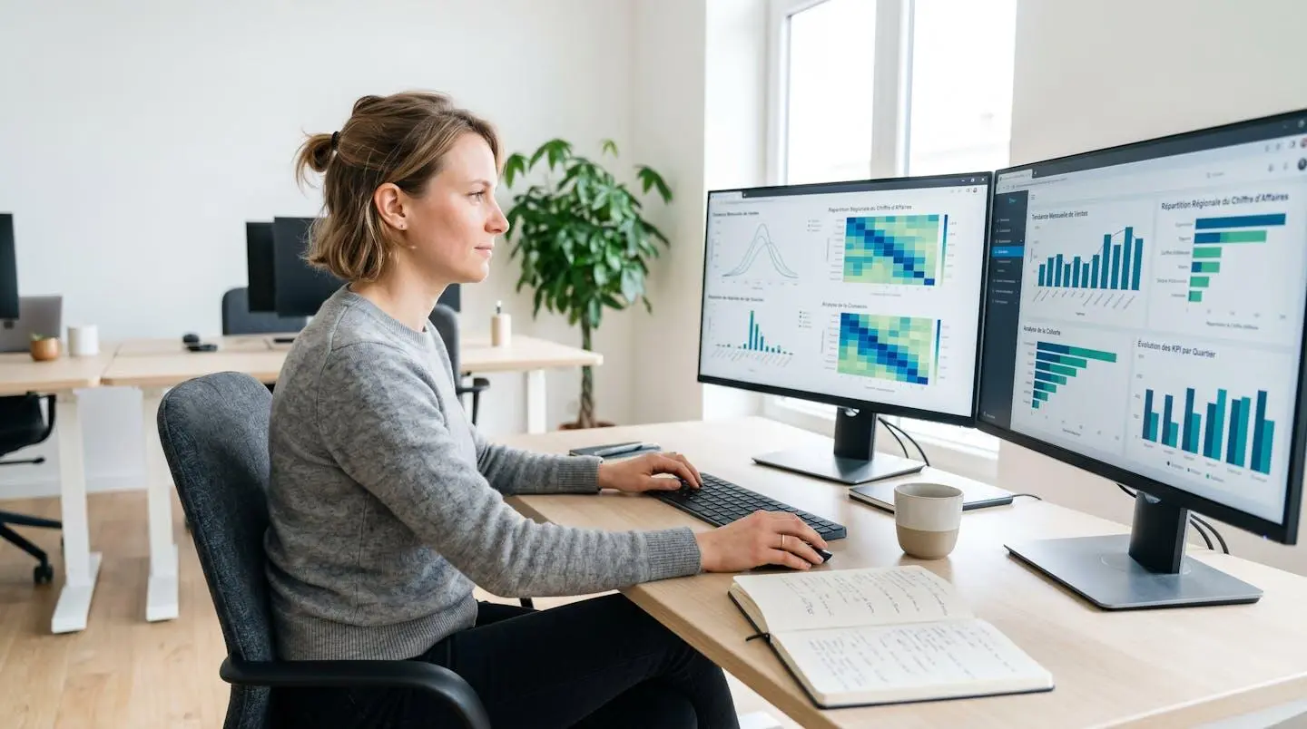 Analyste de données travaillant sur des visualisations complexes et des modèles prédictifs sur deux écrans larges dans un bureau lumineux