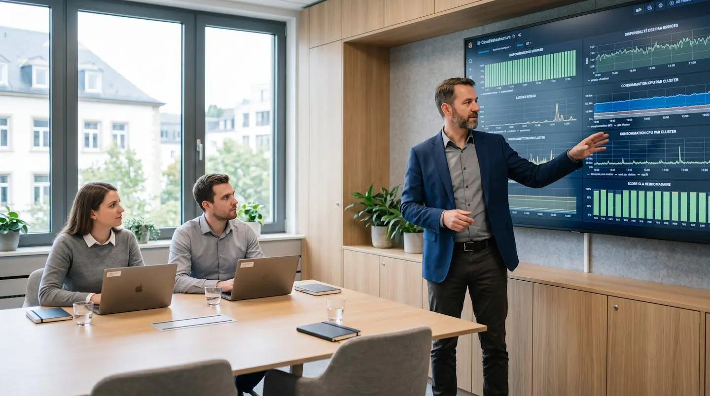 Responsable IT présentant des tableaux de bord de performance cloud à son équipe dans un bureau contemporain luxembourgeois