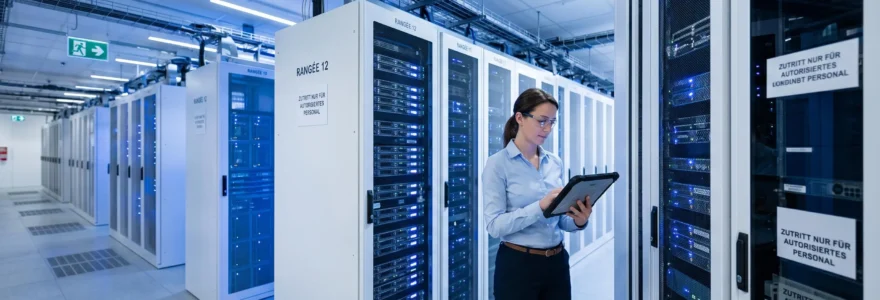 Technicien IT consultant une tablette devant des rangées de serveurs modernes dans un datacenter professionnel luxembourgeois avec câblage structuré et éclairage LED