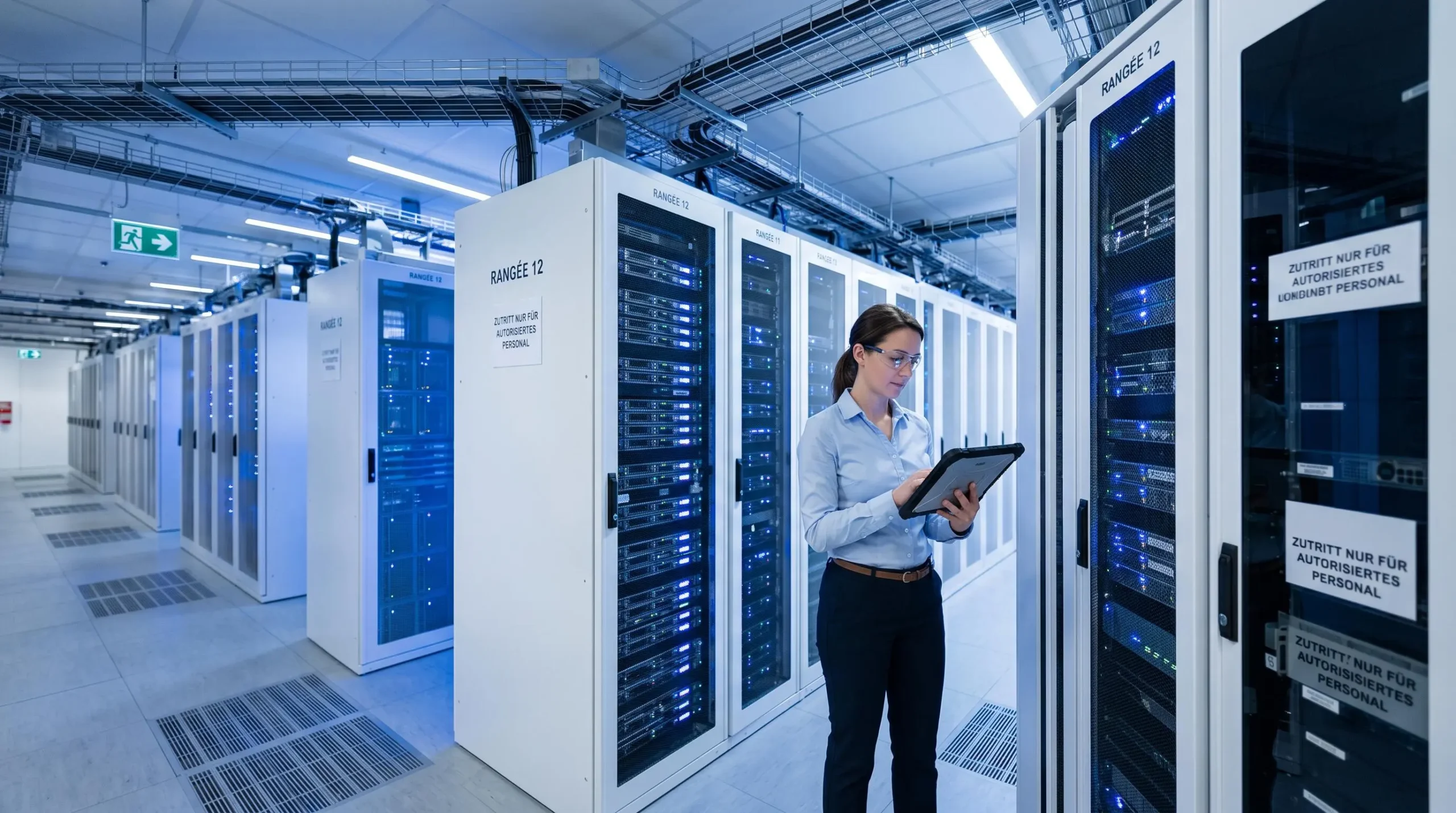 Technicien IT consultant une tablette devant des rangées de serveurs modernes dans un datacenter professionnel luxembourgeois avec câblage structuré et éclairage LED